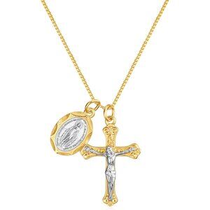 925 Sterling Silver Crucifix Cross and Miraculous Medal Pendant Necklace for Wom